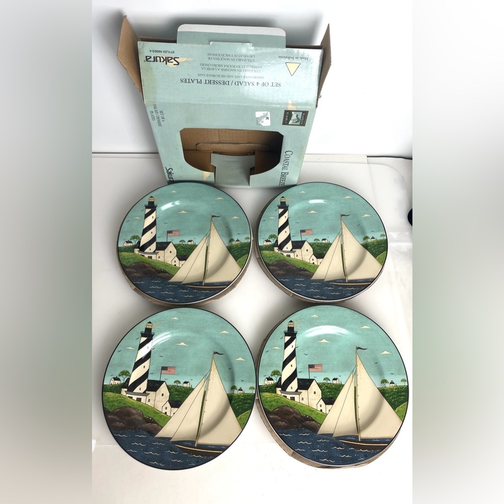 4 Sakura Warren Kimble Coastal Breeze Lighthouse Sailboats Salad/Dessert Plates